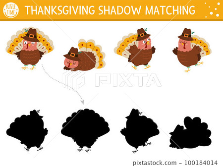 Thanksgiving shadow matching activity with cute turkeys. Autumn holiday puzzle with traditional birds. Find the correct silhouette printable worksheet or game. Fall or farm page for kids Thanksgiving shadow matching activity with cute turkeys. Autumn holiday puzzle with traditional birds. Find the correct silhouette printable worksheet or game. Fall or farm page for kids 100184014