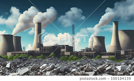 A huge modern nuclear power plant building  producing energy using uranium and plutonium atoms. Construction of a new energy facility. Illustration, concept art. 100184139