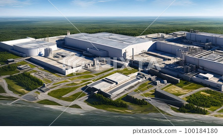 A huge modern nuclear power plant building under construction. Construction of a new energy facility. Illustration, concept art. A huge modern nuclear power plant building under construction. Construction of a new energy facility. Illustration, concept art. 100184180
