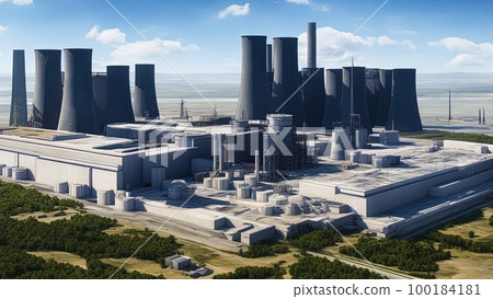 A huge modern nuclear power plant building under construction. Construction of a new energy facility. Illustration, concept art. A huge modern nuclear power plant building under construction. Construction of a new energy facility. Illustration, concept art. 100184181
