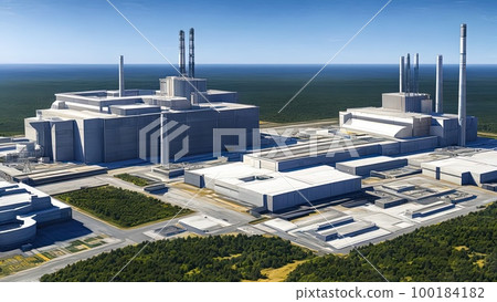 A huge modern nuclear power plant building under construction. Construction of a new energy facility. Illustration, concept art. A huge modern nuclear power plant building under construction. Construction of a new energy facility. Illustration, concept art. 100184182