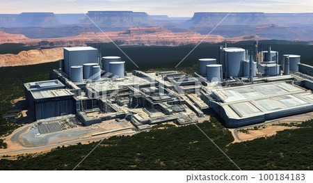 A huge modern nuclear power plant building under construction. Construction of a new energy facility. Illustration, concept art. A huge modern nuclear power plant building under construction. Construction of a new energy facility. Illustration, concept art. 100184183