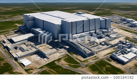 A huge modern nuclear power plant building under construction. Construction of a new energy facility. Illustration, concept art. A huge modern nuclear power plant building under construction. Construction of a new energy facility. Illustration, concept art. 100184192