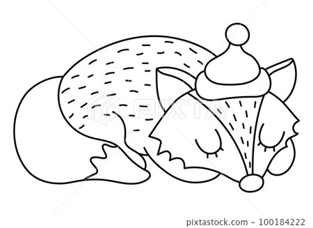 Cute black and white sleeping fox in hat. Vector outline autumn character isolated on white background. Fall season woodland animal line icon.  Funny forest or Thanksgiving Day illustration. 100184222