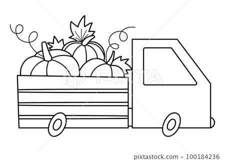Vector black and white Thanksgiving car with pumpkins. Autumn truck line icon. Fall holiday transportation isolated on white background. Outline harvest gathering concept 100184236