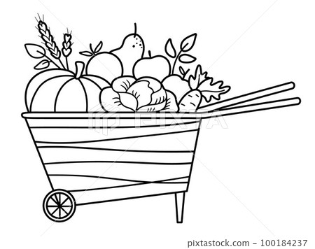Vector black and white wheelbarrow with apples, pear, pumpkin, carrot. Autumn outline garden clipart. Fruit and vegetables illustration isolated on white background. Fall season harvest line icon 100184237