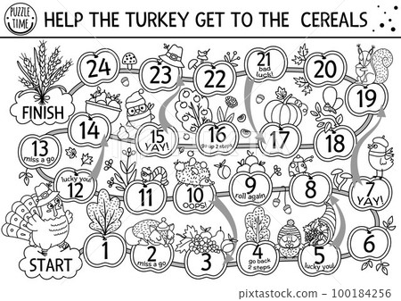 Thanksgiving Day black and white dice board game with cute turkey and forest animals. Autumn holiday line boardgame with pumpkin, harvest, trees. Fall outline activity or printable worksheet for 100184256