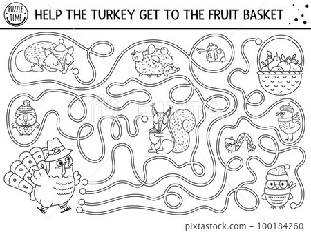 Thanksgiving black and white maze for children. Autumn line holiday preschool printable activity. Fall outline labyrinth game or puzzle with cute bird, apples, animals. Help turkey get to basket Thanksgiving black and white maze for children. Autumn line holiday preschool printable activity. Fall outline labyrinth game or puzzle with cute bird, apples, animals. Help turkey get to basket 100184260
