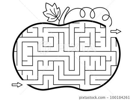 Thanksgiving black and white maze for children. Autumn or Halloween holiday line printable activity. Fall geometric outline labyrinth game or puzzle shaped like pumpkin. Harvest themed page for kids Thanksgiving black and white maze for children. Autumn or Halloween holiday line printable activity. Fall geometric outline labyrinth game or puzzle shaped like pumpkin. Harvest themed page for kids 100184261