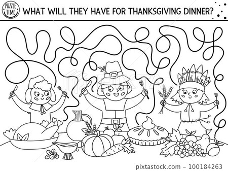 Thanksgiving black and white maze for children. Autumn holiday line printable activity. Fall labyrinth game or coloring page with first Americans, native Indian, holiday festive food Thanksgiving black and white maze for children. Autumn holiday line printable activity. Fall labyrinth game or coloring page with first Americans, native Indian, holiday festive food 100184263