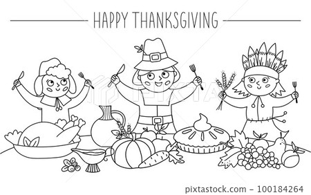 Happy black and white pilgrims and native American Indian give thanks for the food. Thanksgiving Day line characters and traditional holiday meal illustration. Vector outline autumn table scene Happy black and white pilgrims and native American Indian give thanks for the food. Thanksgiving Day line characters and traditional holiday meal illustration. Vector outline autumn table scene 100184264