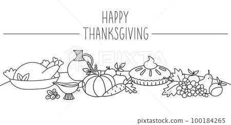 Vector black and white scene with traditional Thanksgiving or Christmas desserts and dishes on a table. Autumn line holiday festive meal illustration. Fall food collection with turkey, pumpkin pie 100184265
