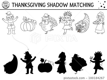 Thanksgiving black and white shadow matching activity with turkey, pilgrim, pumpkin. Autumn line puzzle with traditional holiday symbols. Find correct silhouette printable worksheet 100184267