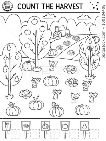 Autumn black and white counting game with harvest in the garden or field. Fall or Thanksgiving line math activity. Simple printable farm themed worksheet. Educational coloring puzzle for kids. 100184408