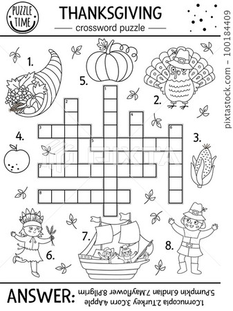 Vector Thanksgiving black and white crossword puzzle for kids. Simple line autumn quiz with traditional symbols for children. Coloring activity with turkey, pilgrim, pumpkin. Fall holiday cross word. 100184409