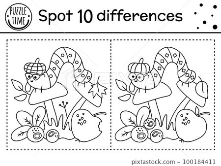 Find differences line game for kids. Black and white autumn forest activity with caterpillar and mushroom. Printable worksheet with cute insect. Woodland puzzle. Fall preschool sheet Find differences line game for kids. Black and white autumn forest activity with caterpillar and mushroom. Printable worksheet with cute insect. Woodland puzzle. Fall preschool sheet 100184411