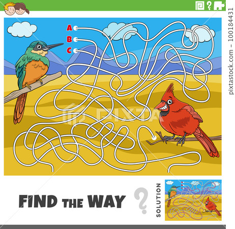 find the way maze game with cartoon birds characters find the way maze game with cartoon birds characters 100184431
