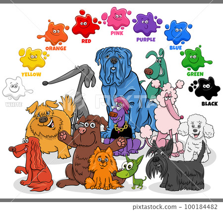 basic colors with group of cartoon colorful dogs 100184482