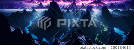 Futuristic Fantasy Landscape. The rocky and mountainous surface of the planet Jupiter with erupting volcanoes that spew clouds of liquid ammonia into the atmosphere. Concept art Futuristic Fantasy Landscape. The rocky and mountainous surface of the planet Jupiter with erupting volcanoes that spew clouds of liquid ammonia into the atmosphere. Concept art 100184615