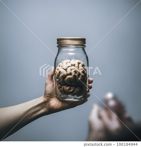 A human brain enclosed in a glass jar. Brain in the pot. Concept image of a brain inside an hermetic glass storage. Digital artwork illustration. A human brain enclosed in a glass jar. Brain in the pot. Concept image of a brain inside an hermetic glass storage. Digital artwork illustration. 100184944