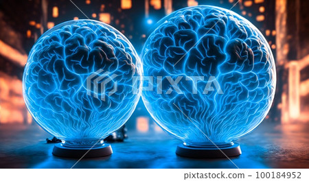 Artificially grown biomechanical human brains in glass jars for artificial intelligence and androids and machine learning. Digital artwork illustration.  100184952