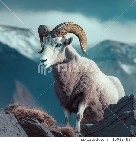 Mountain sheep goat argali on top of a rock against the backdrop of a mountain landscape close-up, beautiful natural background, wallpaper Mountain sheep goat argali on top of a rock against the backdrop of a mountain landscape close-up, beautiful natural background, wallpaper 100184984
