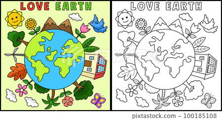 Love Earth Coloring Page Colored Illustration 100185108