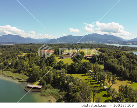 Mountain landscape, picturesque mountain lake in the summer morning, large pano 100185109