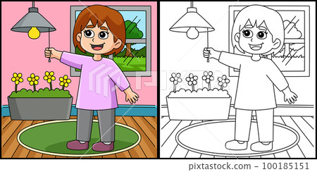 Girl Conserving Energy Coloring Page Illustration 100185151