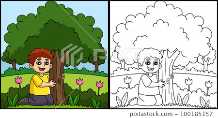 Boy Hugging a Tree Coloring Page Illustration 100185157
