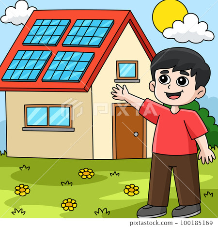 Boy with a Solar Panel House Colored Cartoon Boy with a Solar Panel House Colored Cartoon 100185169