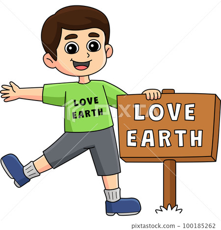 Boy Holding a Love Earth Sign Cartoon Clipart 100185262