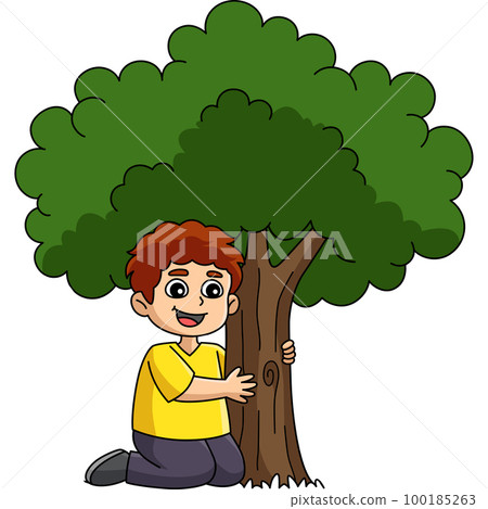 Boy Hugging a Tree Cartoon Colored Clipart  100185263