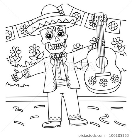 Cinco de Mayo Skeleton Holding Guitar Coloring  100185363