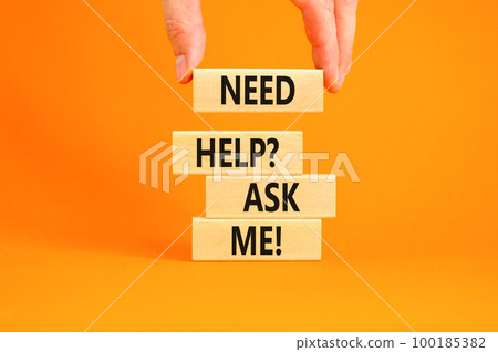 Support and need help ask me symbol. Concept words Need help ask me on wooden blocks on a beautiful orange table orange background. Businessman hand. Business, support and Need help ask me concept. Support and need help ask me symbol. Concept words Need help ask me on wooden blocks on a beautiful orange table orange background. Businessman hand. Business, support and Need help ask me concept. 100185382