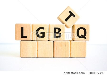 LGBTQ symbol. Concept word acronym 'LGBTQ' on wooden cubes. Beautiful white table, white background. LGBTQ concept, copy space. LGBTQ symbol. Concept word acronym 'LGBTQ' on wooden cubes. Beautiful white table, white background. LGBTQ concept, copy space. 100185393