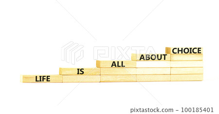 Choice and life symbol. Concept words Life is all about choice on wooden blocks. Beautiful white table white background. Business choice and life concept. Copy space. Choice and life symbol. Concept words Life is all about choice on wooden blocks. Beautiful white table white background. Business choice and life concept. Copy space. 100185401