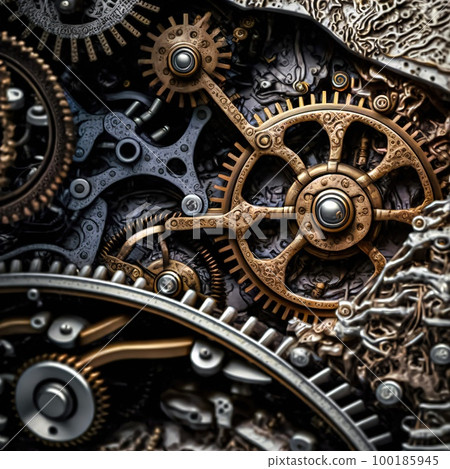 Illustration showing an advanced metallic spiral mechanism of an engine or computer device with a complex Abstract mechanical fractal shape. Digital painting concept art.	 100185945