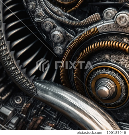 Illustration showing an advanced metallic spiral mechanism of an engine or computer device with a complex Abstract mechanical fractal shape. Digital painting concept art.	 100185946