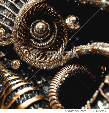 Illustration showing an advanced metallic spiral mechanism of an engine or computer device with a complex Abstract mechanical fractal shape. Digital painting concept art.	 100185947