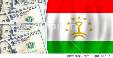 Dollars on flag of Tajikistan, Tajikistani finance, subsidies, social support, GDP concept Dollars on flag of Tajikistan, Tajikistani finance, subsidies, social support, GDP concept 100186383