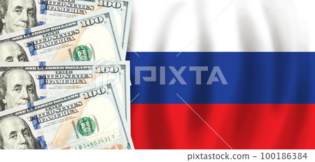 Dollars on flag of Russia, Russian finance, subsidies, social support, GDP concept Dollars on flag of Russia, Russian finance, subsidies, social support, GDP concept 100186384