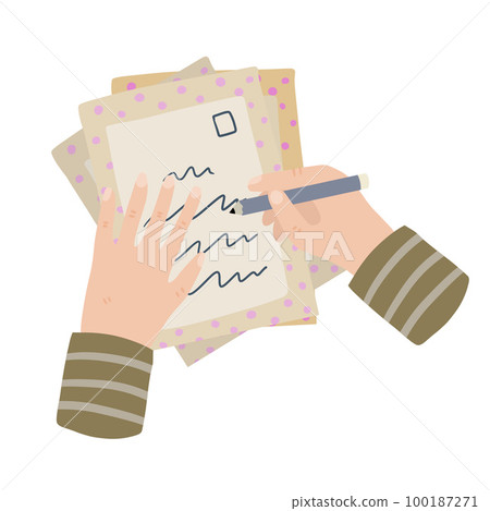 Person writes letter. Hand holding envelope with greeting. 100187271