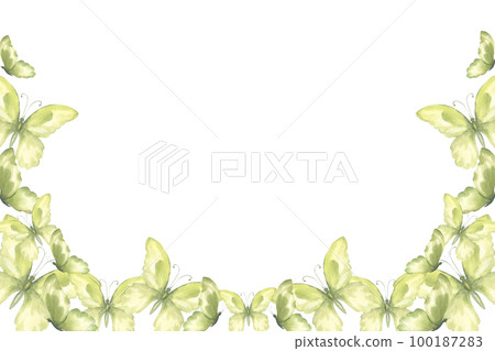 Watercolor illustration with delicate green butterflies flying in the stream. For the design and decoration of frames, banners, postcards, certificate Watercolor illustration with delicate green butterflies flying in the stream. For the design and decoration of frames, banners, postcards, certificate 100187283