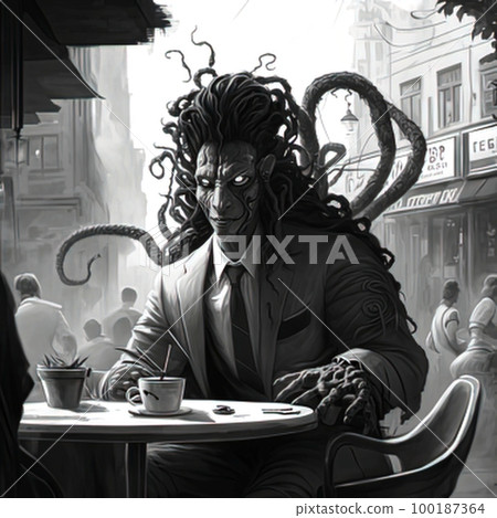 Medusa Gorgon drinks coffee at the table of a street cafe, illustration, background 100187364