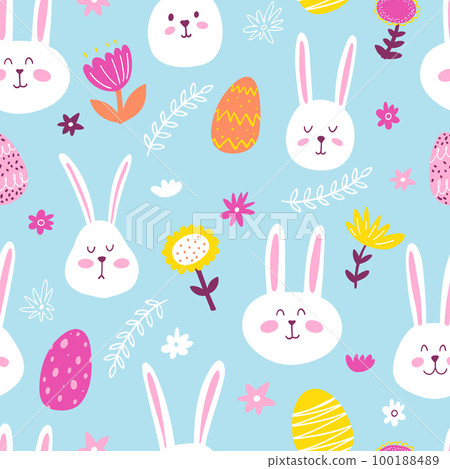 Seamless pattern with cute hand drawn bunnies and flower meadow. Vector Easter kids background with rabbits, plants and eggs for wrapping paper, textile, card, banner, wallpaper 100188489