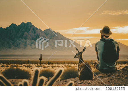 A lone male traveler sits in the middle of the desert and stares at the sunset accompanied by a desert animal, contemplating the meaning of life. A lone male traveler sits in the middle of the desert and stares at the sunset accompanied by a desert animal, contemplating the meaning of life. 100189155