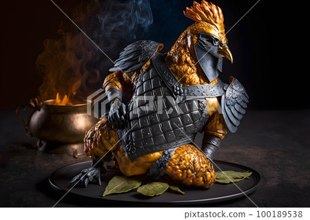 Illustration of a roast chicken in steel armor, served on a tray with fruit and decorative vegetables. Food photography.  illustration. 100189538