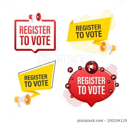 Megaphone label set with text Register to vote. Megaphone in hand promotion banner. Marketing and advertising 100194129