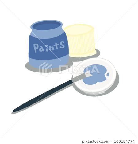 Illustration of acrylic paint, palette (time plate) and brush [cyan (blue), simple, no line] 100194774